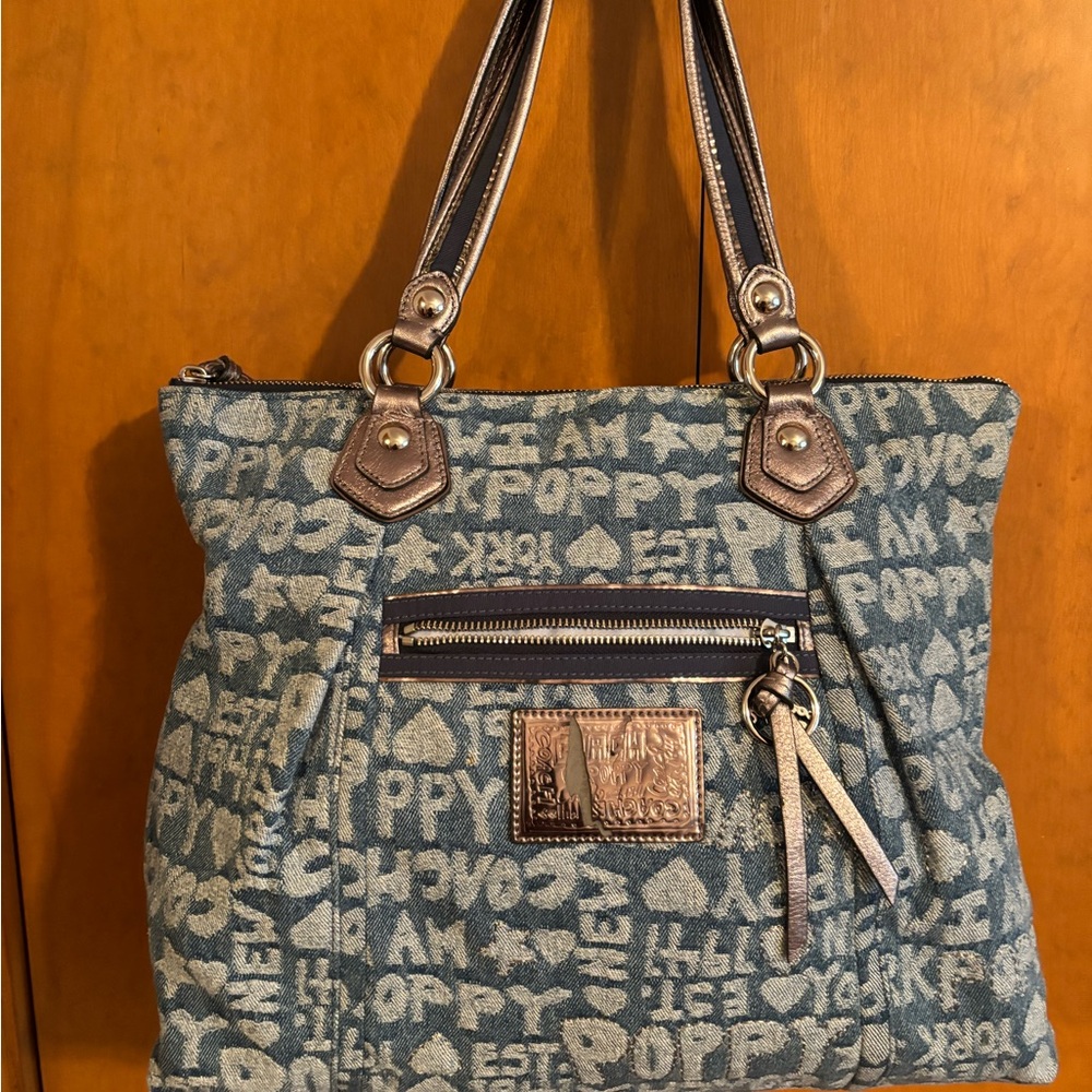 Coach Poppy Denim Tote with Silver Trim